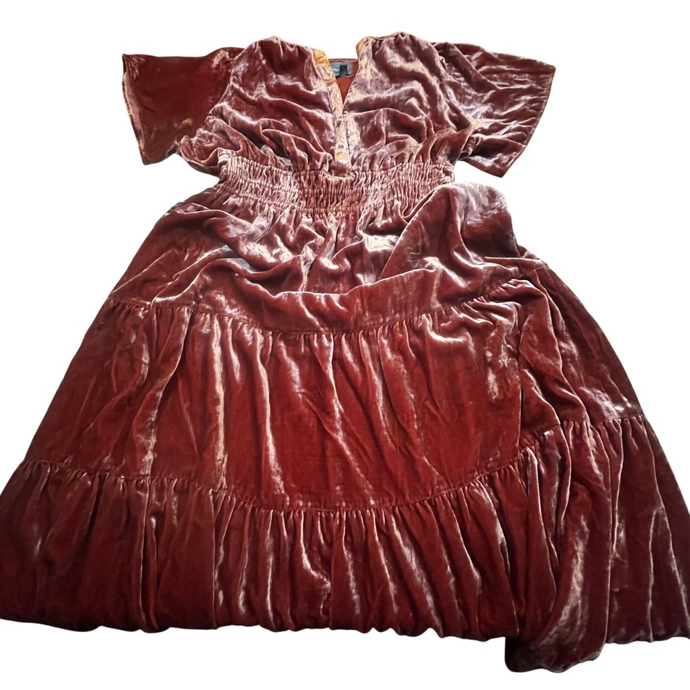 Anthropologie Velvet Smocked Tiered Midi Dress Rust Orange Womens Plus Size 1X